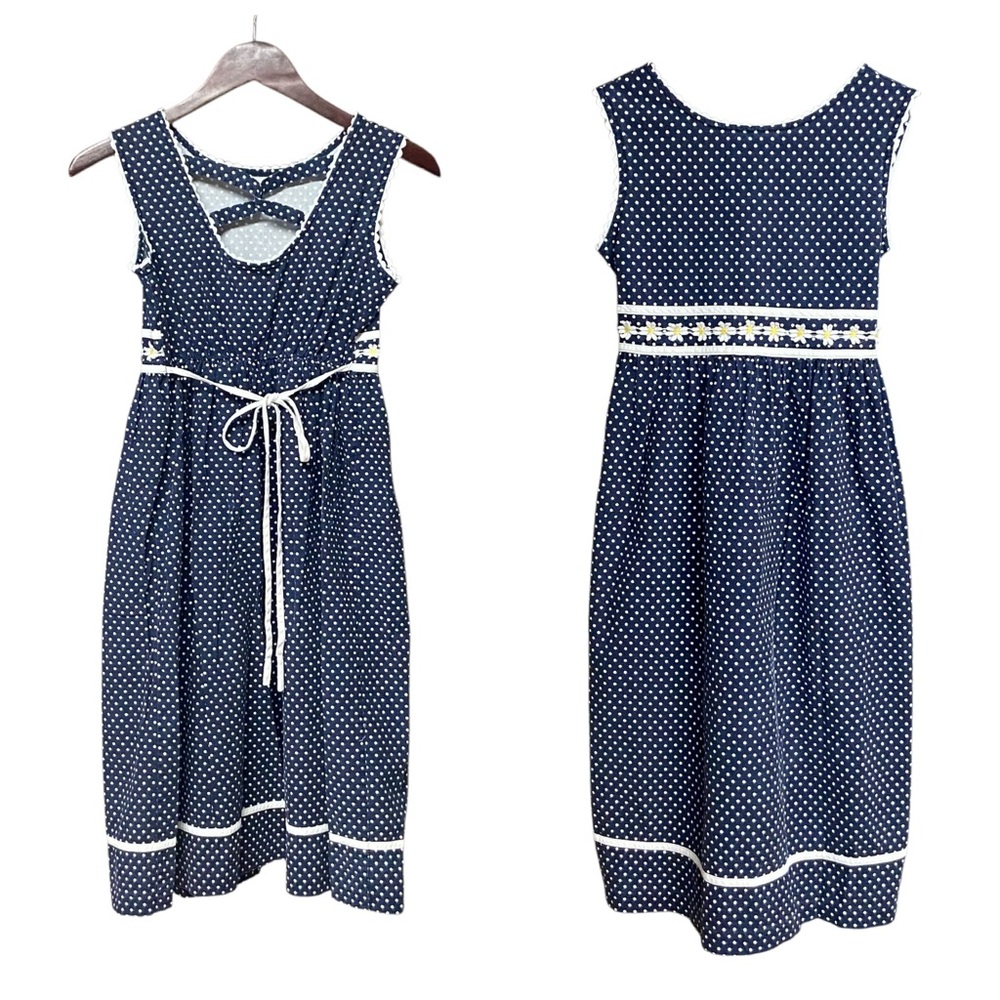 Vintage 90s Rare Editions Dress Girls Size 14 Polka Dot Daisy Appliqué Dress